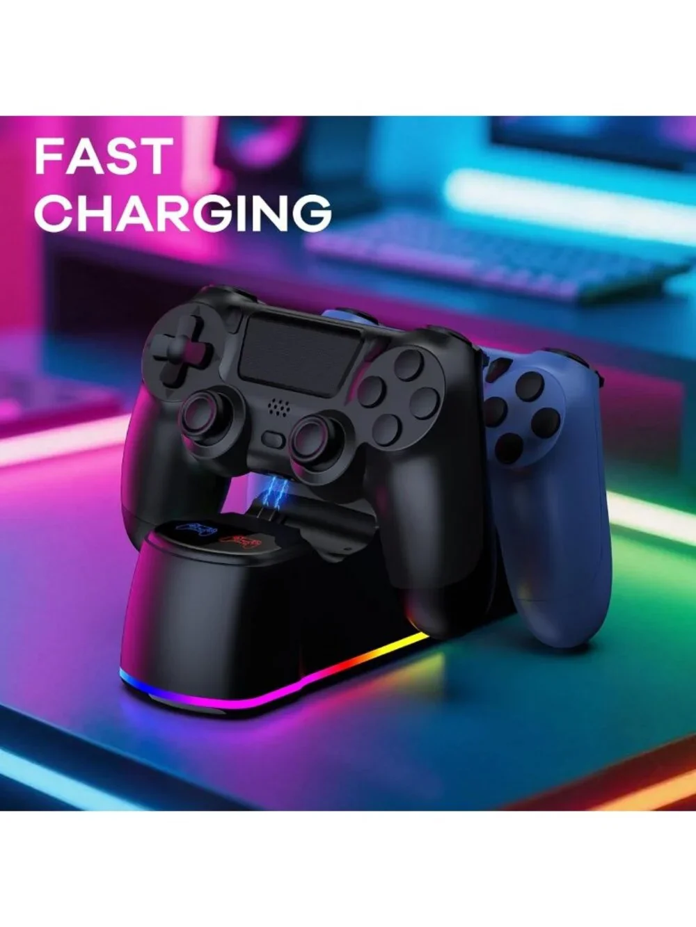 Wireless Game Controller 2-Pack with LED Charging Dock & USB Cables for PS4